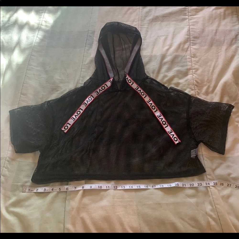 Fully mesh love drawstring crop hoodie